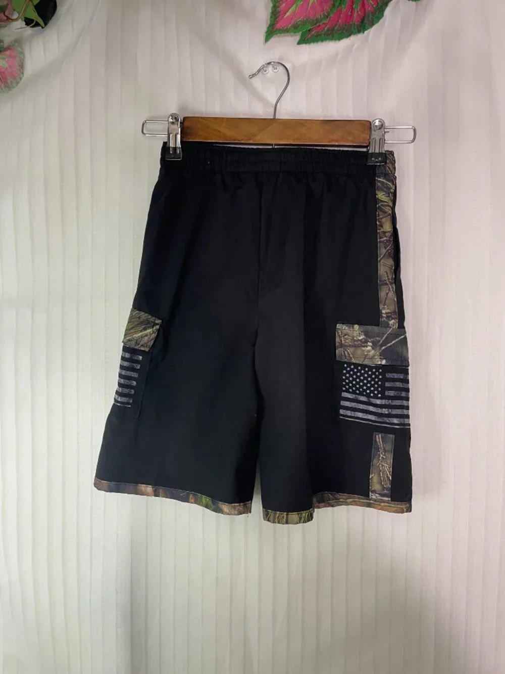 Mossy Oak Boys Size 7 Swim Trunks Black Camo American Flag Board Shorts